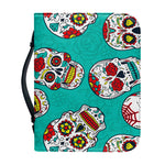 Teal Sugar Skull Pattern Print Leather Bible Cover