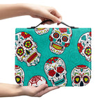 Teal Sugar Skull Pattern Print Leather Bible Cover