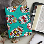 Teal Sugar Skull Pattern Print Leather Bible Cover