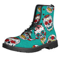 Teal Sugar Skull Pattern Print Lace-Up Boots