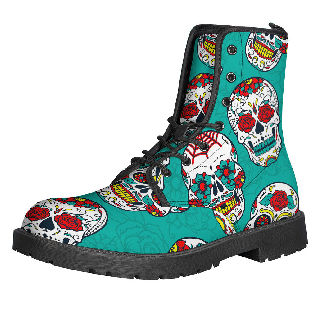 Teal Sugar Skull Pattern Print Backpack