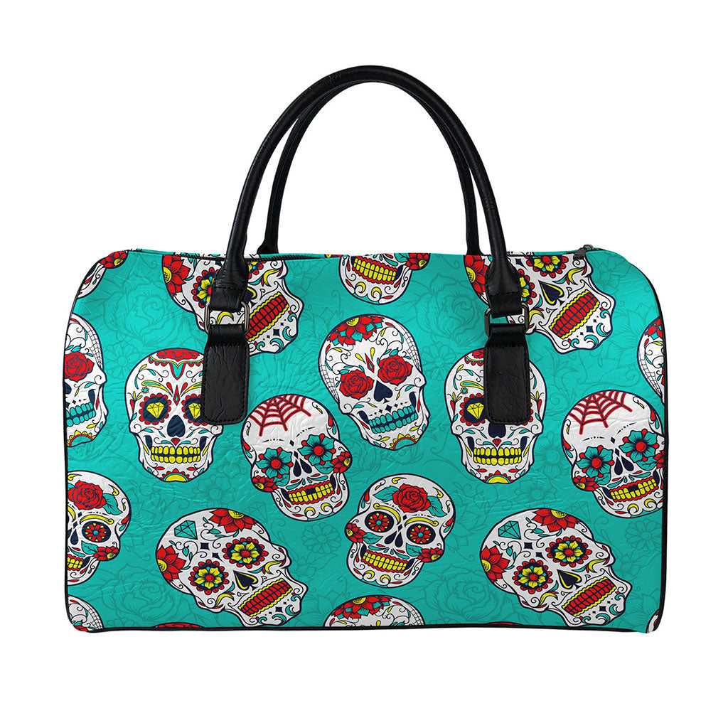 Teal Sugar Skull Pattern Print Leather Duffle Bag