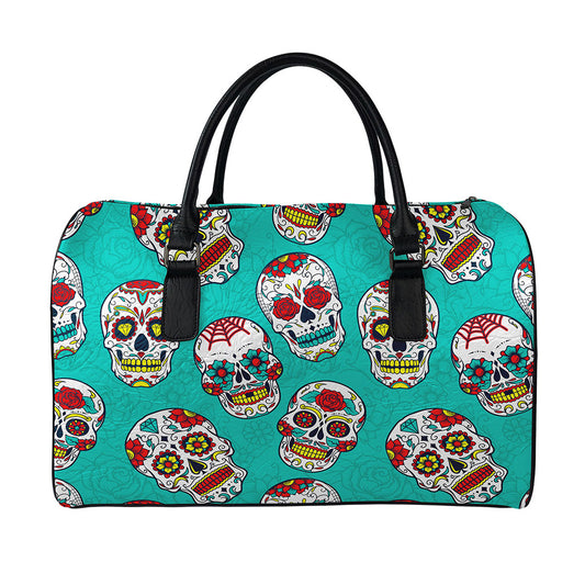 Teal Sugar Skull Pattern Print Leather Duffle Bag