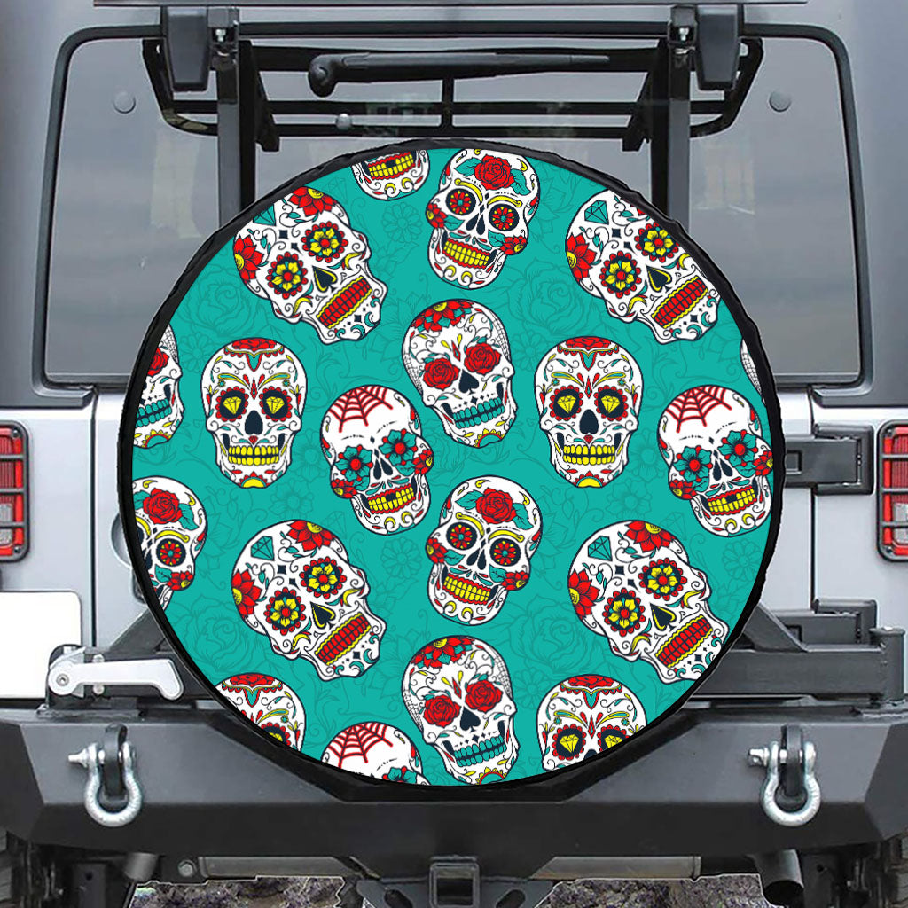 Teal Sugar Skull Pattern Print Leather Spare Tire Cover
