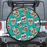 Teal Sugar Skull Pattern Print Leather Spare Tire Cover