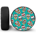 Teal Sugar Skull Pattern Print Leather Spare Tire Cover