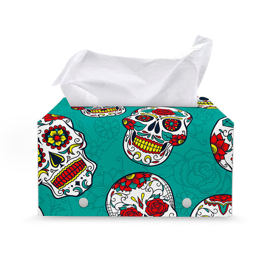 Teal Sugar Skull Pattern Print Leather Tissue Box Cover