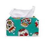 Teal Sugar Skull Pattern Print Leather Tissue Box Cover