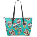 Teal Sugar Skull Pattern Print Leather Tote Bag With Zipper