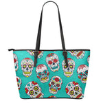 Teal Sugar Skull Pattern Print Leather Tote Bag