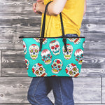 Teal Sugar Skull Pattern Print Leather Tote Bag