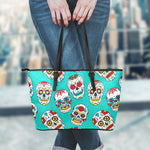 Teal Sugar Skull Pattern Print Leather Tote Bag