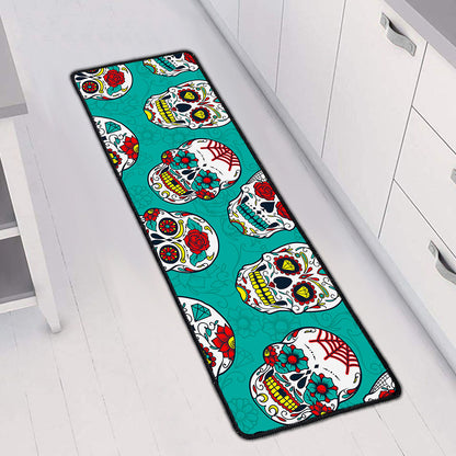 Teal Sugar Skull Pattern Print Long Kitchen Mat
