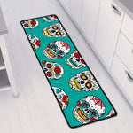 Teal Sugar Skull Pattern Print Long Kitchen Mat