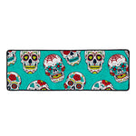 Teal Sugar Skull Pattern Print Long Kitchen Mat