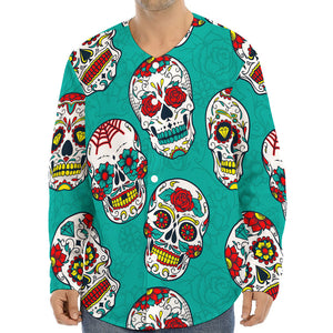 Teal Sugar Skull Pattern Print Long Sleeve Baseball Jersey