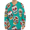 Teal Sugar Skull Pattern Print Long Sleeve Baseball Jersey