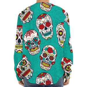 Teal Sugar Skull Pattern Print Long Sleeve Baseball Jersey