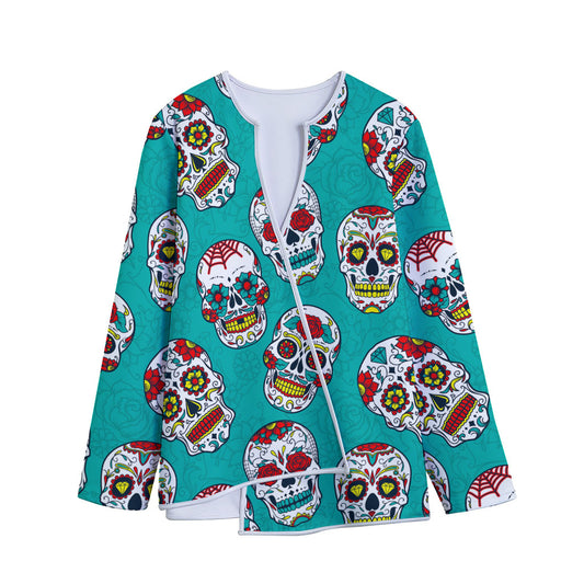 Teal Sugar Skull Pattern Print Long Sleeve Short Coat