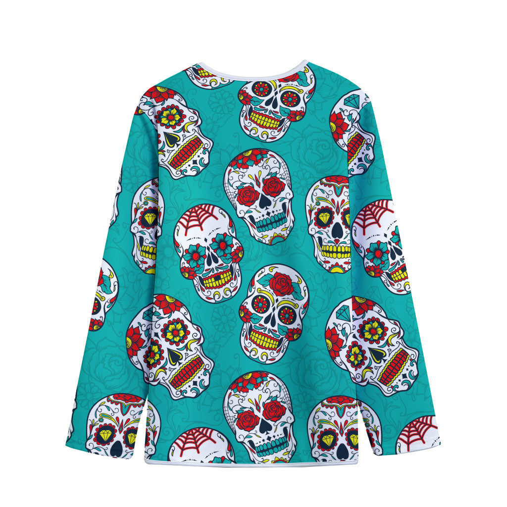 Teal Sugar Skull Pattern Print Long Sleeve Short Coat