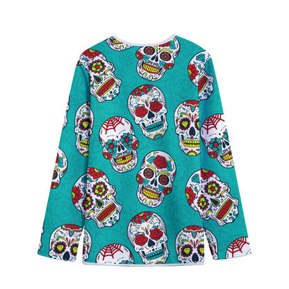 Teal Sugar Skull Pattern Print Long Sleeve Short Coat