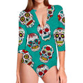 Teal Sugar Skull Pattern Print Long Sleeve Swimsuit