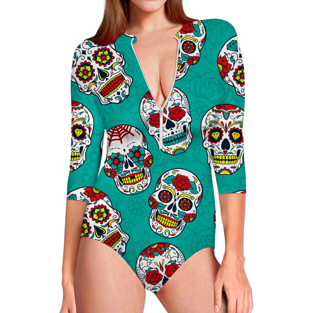 Teal Sugar Skull Pattern Print Long Sleeve Swimsuit