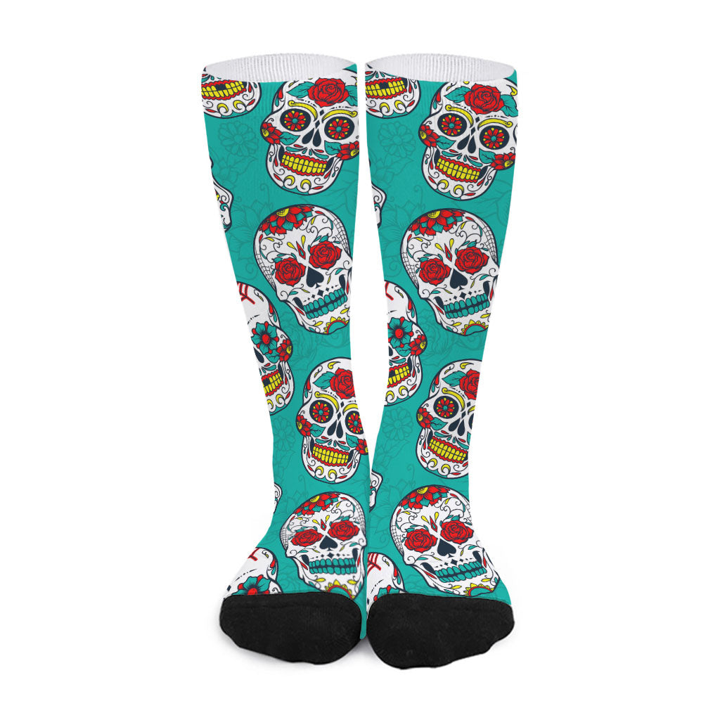 Teal Sugar Skull Pattern Print Long Socks