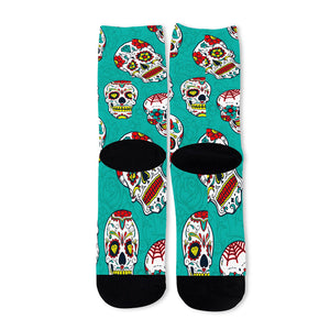 Teal Sugar Skull Pattern Print Long Socks