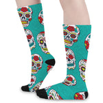 Teal Sugar Skull Pattern Print Long Socks