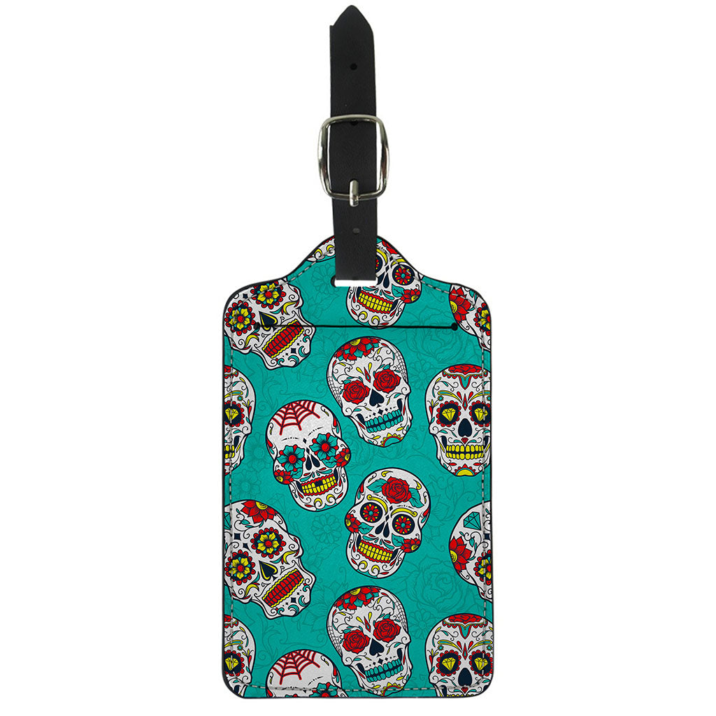 Teal Sugar Skull Pattern Print Luggage Tag