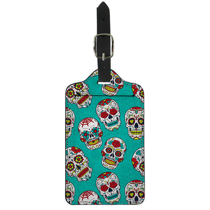 Teal Sugar Skull Pattern Print Luggage Tag