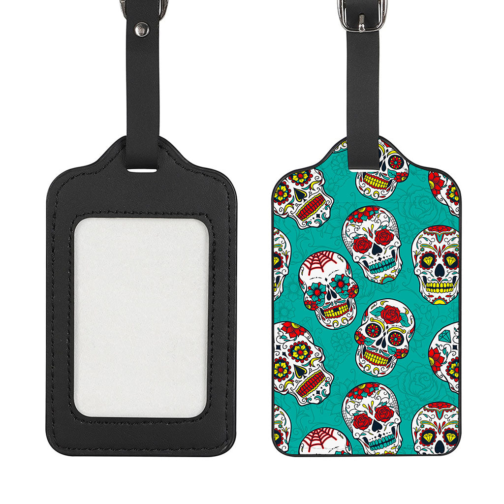 Teal Sugar Skull Pattern Print Luggage Tag