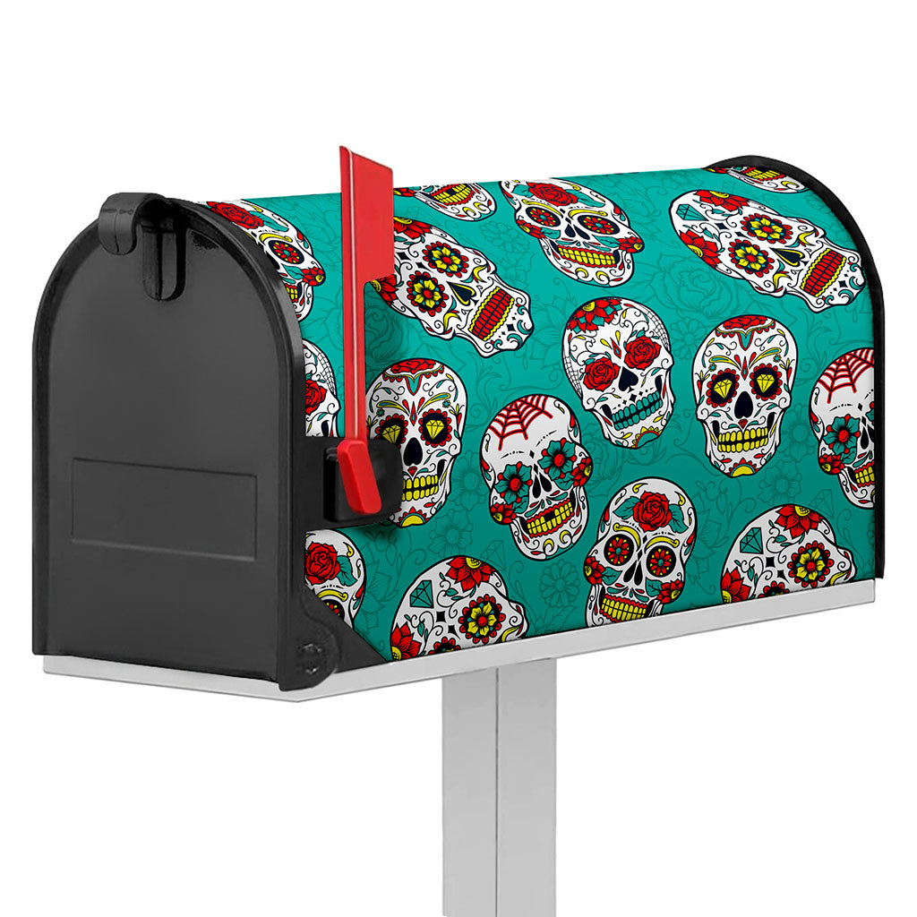 Teal Sugar Skull Pattern Print Mailbox Cover