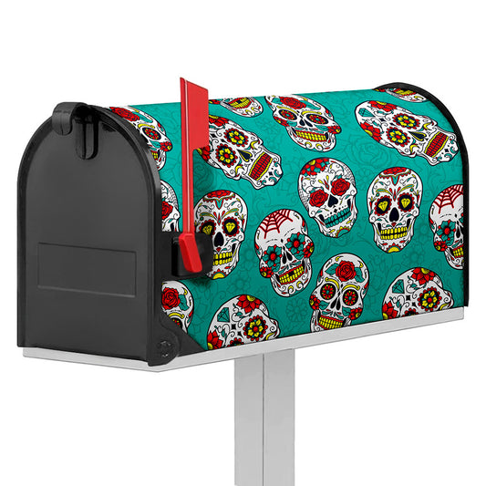 Teal Sugar Skull Pattern Print Mailbox Cover