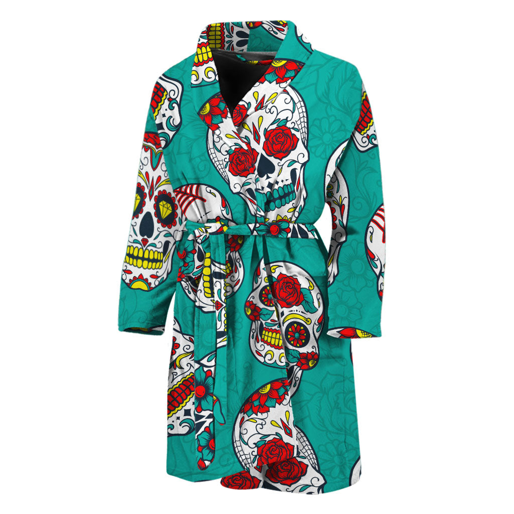 Teal Sugar Skull Pattern Print Men's Bathrobe