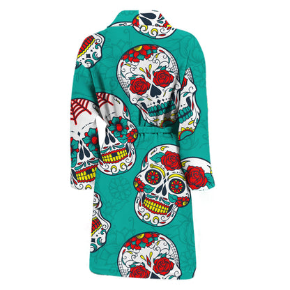 Teal Sugar Skull Pattern Print Men's Bathrobe