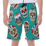 Teal Sugar Skull Pattern Print Men's Beach Shorts