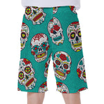 Teal Sugar Skull Pattern Print Men's Beach Shorts