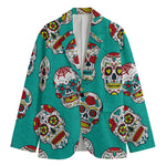 Teal Sugar Skull Pattern Print Men's Blazer