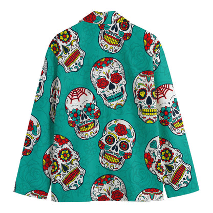 Teal Sugar Skull Pattern Print Men's Blazer