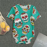 Teal Sugar Skull Pattern Print Men's Bodysuit