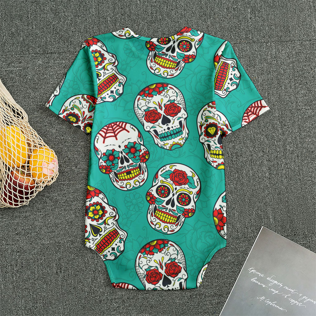 Teal Sugar Skull Pattern Print Men's Bodysuit