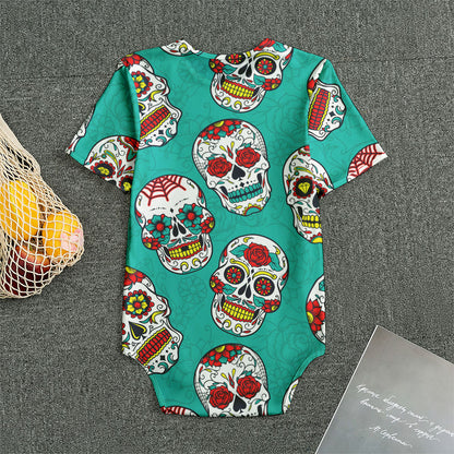 Teal Sugar Skull Pattern Print Men's Bodysuit