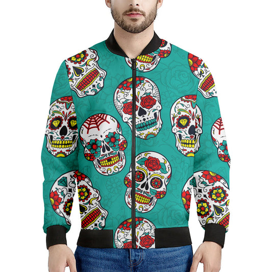 Teal Sugar Skull Pattern Print Men's Bomber Jacket