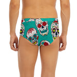 Teal Sugar Skull Pattern Print Men's Briefs