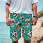 Teal Sugar Skull Pattern Print Men's Cargo Shorts