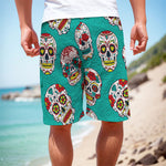 Teal Sugar Skull Pattern Print Men's Cargo Shorts