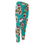 Teal Sugar Skull Pattern Print Men's Compression Pants