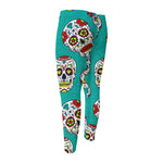 Teal Sugar Skull Pattern Print Men's Compression Pants